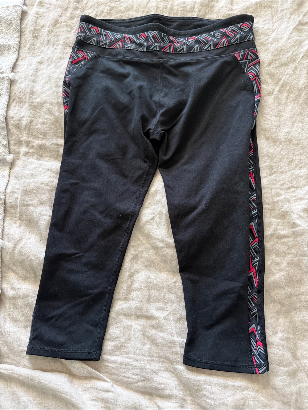 Fabletics Black Capri Leggings with Pink & Gray Geometric Trim